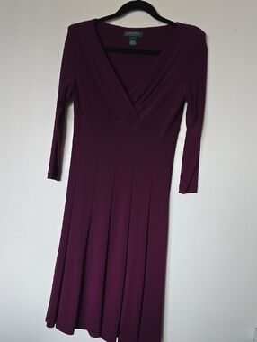 Lauren Ralph Lauren Plum V-Neck Long Sleeve Midi Dress